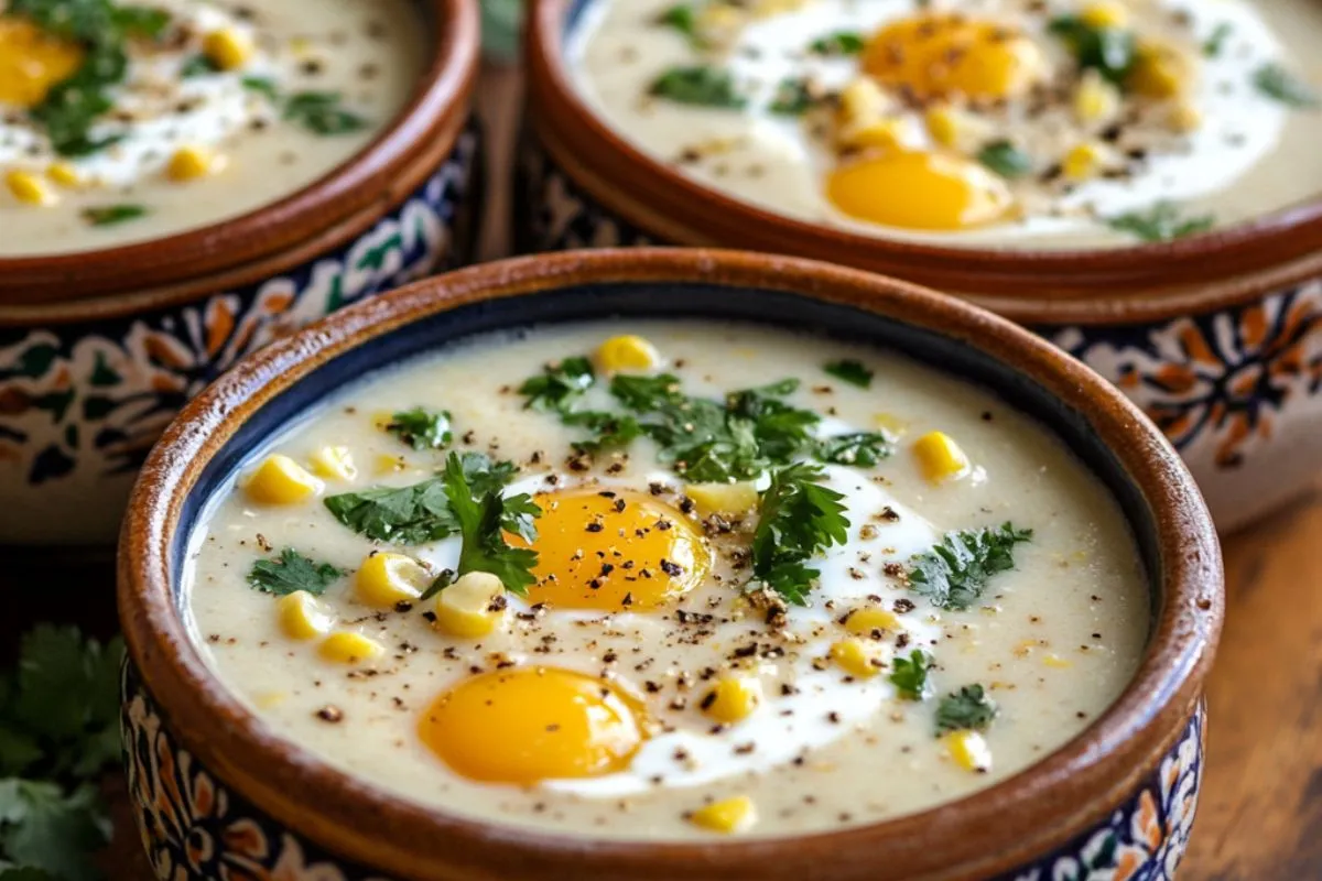 Two bowls of Colombian morning soups, Changua and Sopa de Maiz, side by side, showcasing the diversity of flavors