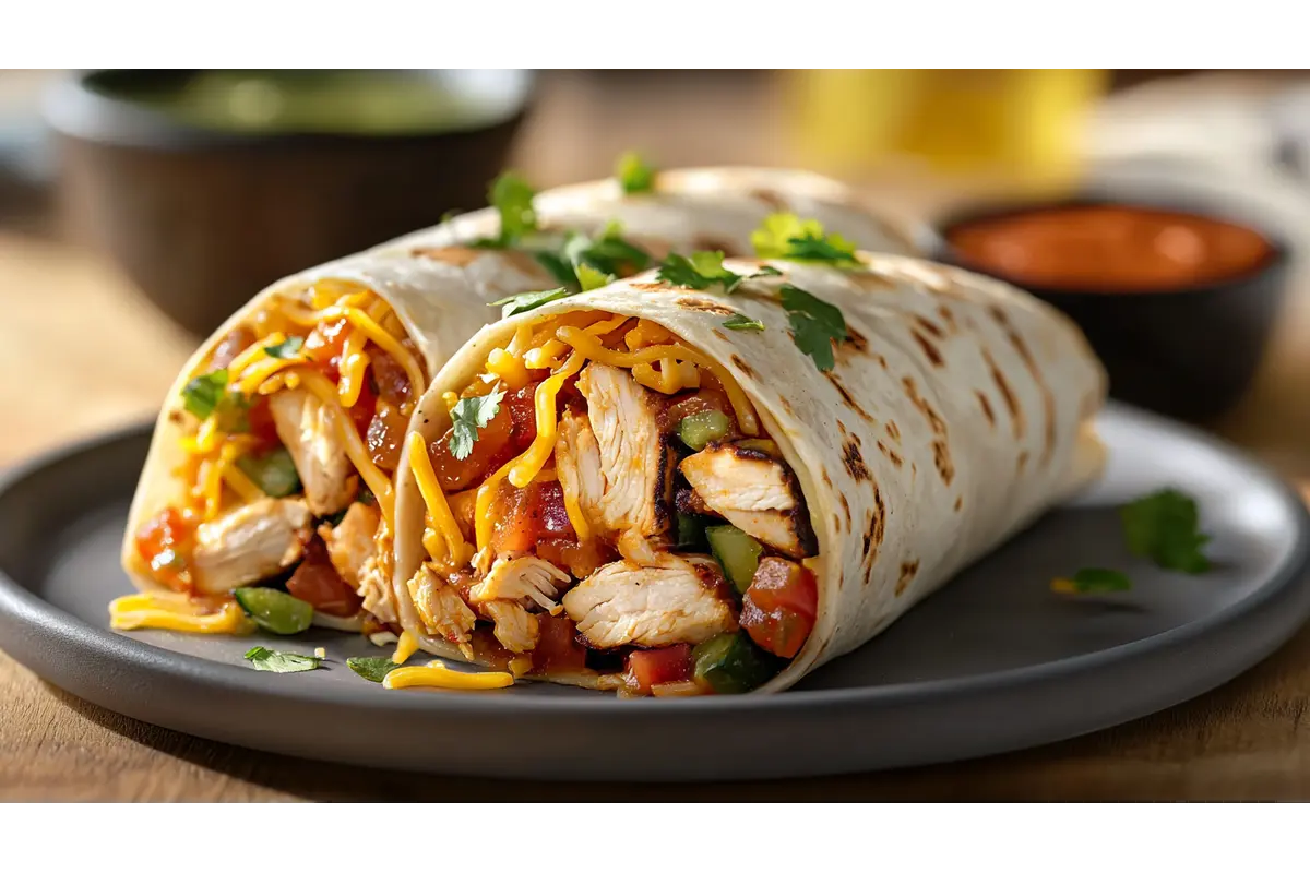 Two chicken burritos, sliced to reveal their fillings, are presented on a gray plate.